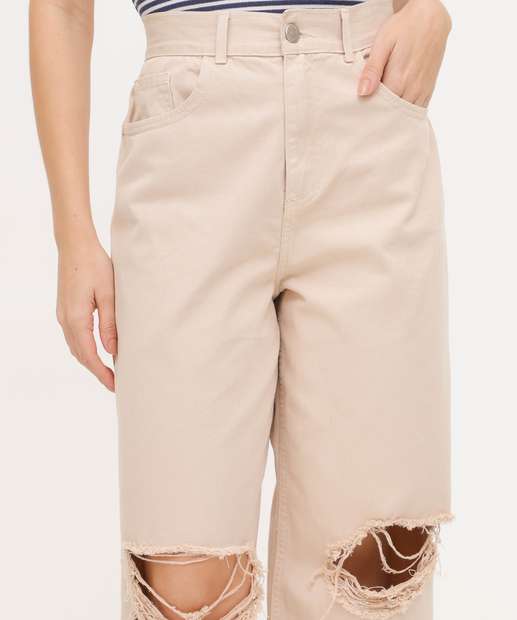 Calça Wide Leg Feminina Sarja Destroyed Marisa