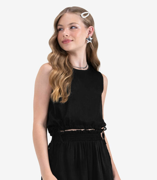 Regata Juvenil Feminina em Slub Acetinado Minty Preto