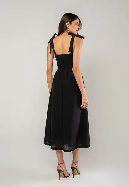 Vestido Alfaiataria Midi Com Alças Largas e Amarração Preto Salvatore