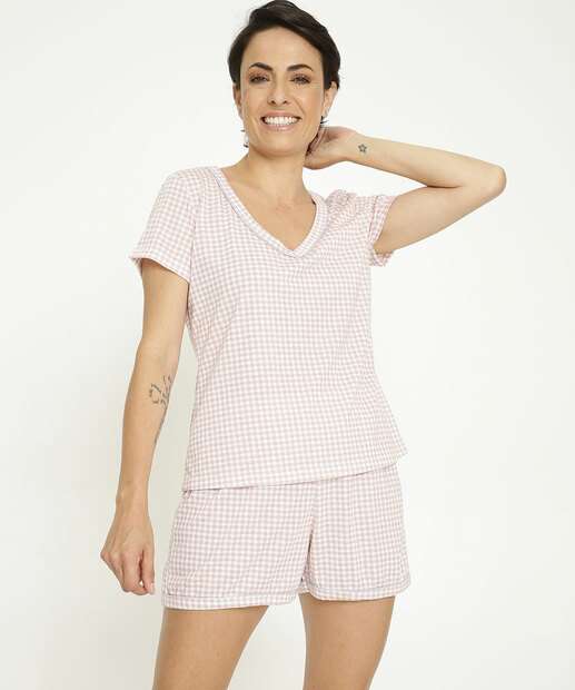 Pijama Feminino Xadrez Manga Curta Marisa