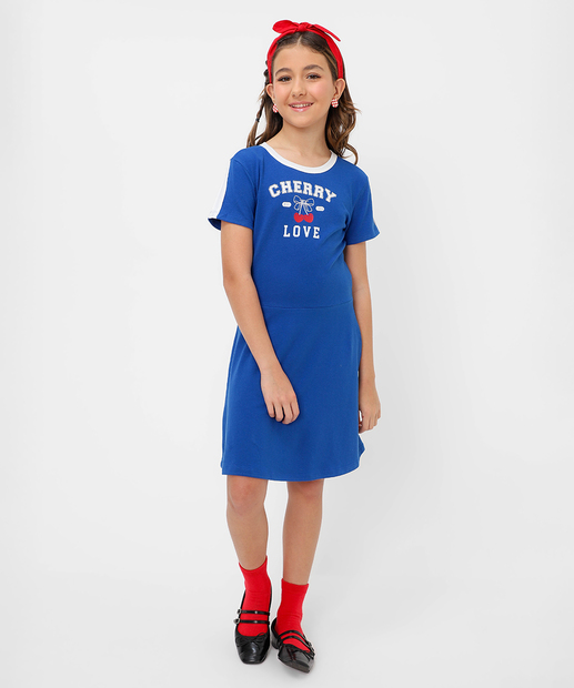 Vestido Juvenil Estampado Manga Curta Marisa 10 a 16 Azul