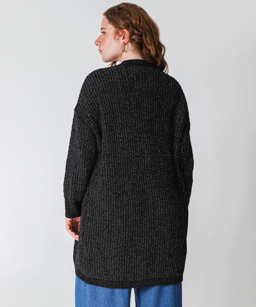 Cardigan Plus Size Feminino Chenille Brilho Lurex Marisa Preto