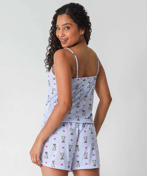 Pijama Feminino Listrado Estampa Cachorro Marisa Azul