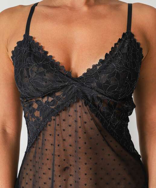 Camisola Sensual Tule Brilho Lurex Renda Marisa Preto