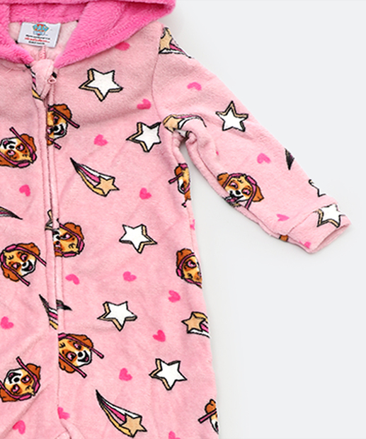 Pijama Macacão Infantil Capuz Patrulha Canina Tam 01 a 03 Rosa