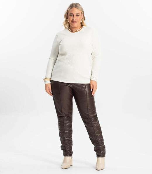 Blusa Manga Longa Ribana Canelada Secret Glam Bege