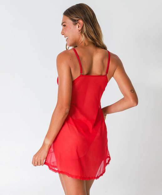 Camisola Sensual Tule Recorte Renda Marisa Vermelho