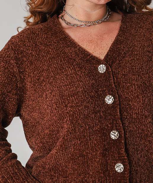 Cardigan Plus Size Feminino Chenille Botões Marisa Marrom