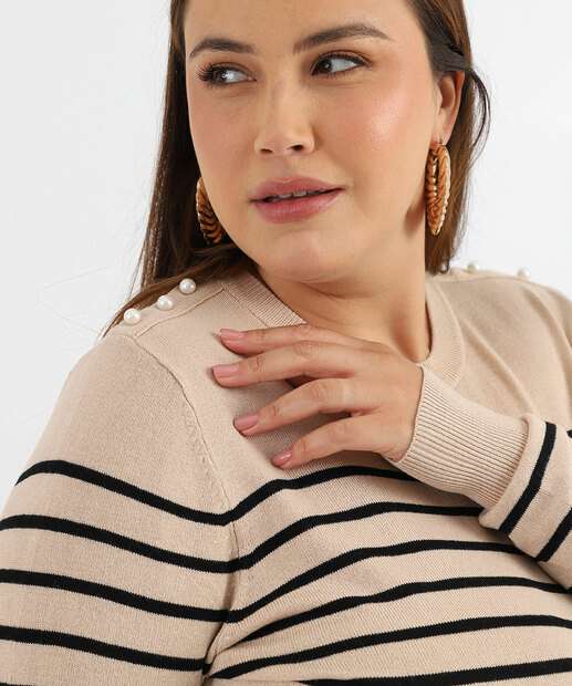 Suéter Plus Size Feminino Tricô Listrado Pérolas Marisa Bege