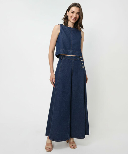 Image_Calça Jeans Palazzo Botões Feminina Sawary Azul