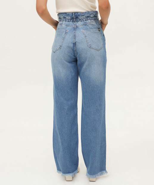 Calça Jeans Wide Leg Feminina Barra Desfiada