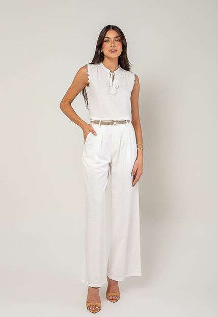 Regata Alfaiataria Com Amarração E Detalhe de Pompons Branco Salvatore