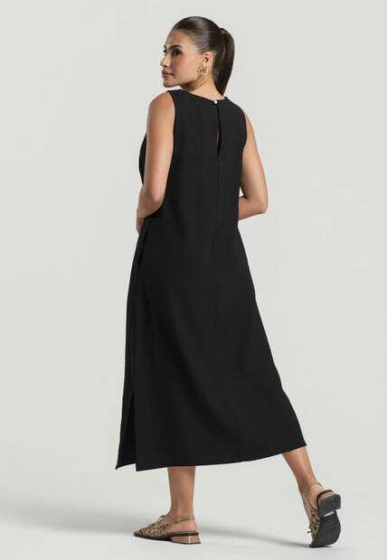 Vestido Midi Alfaiataria Marrant Regata Com Fendas e Bolsos Preto Salvatore