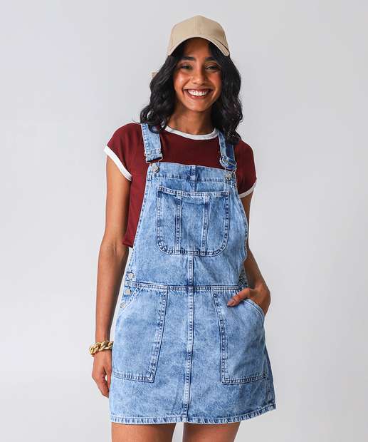 Salopete Feminino Jeans Bolsos Azul