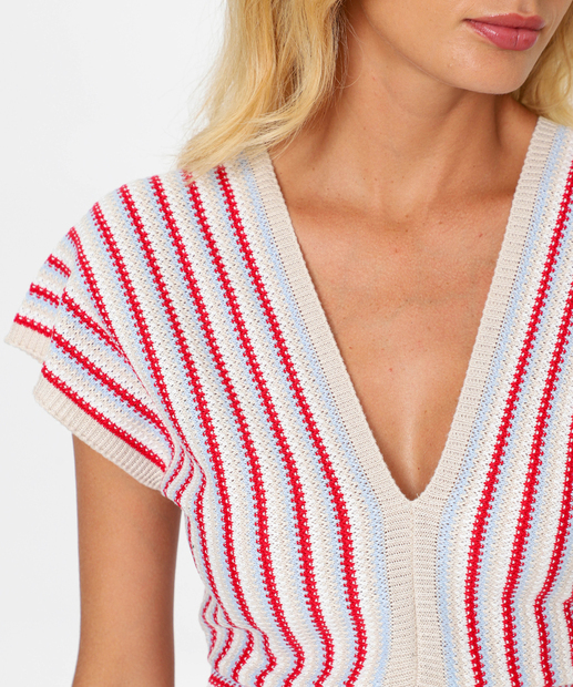 Blusa Feminina Tricô Listrada Manga Curta Marisa Vermelho