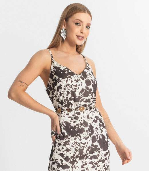 Vestido Feminino Midi De Alça Animal Print Veshine Marrom