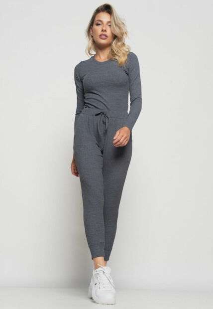 Blusa  Básica Manga Longa e Gola Redonda Canelada Grafite