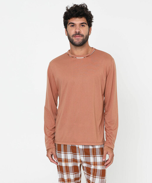 Pijama Masculino Xadrez Manga Longa MR Marrom