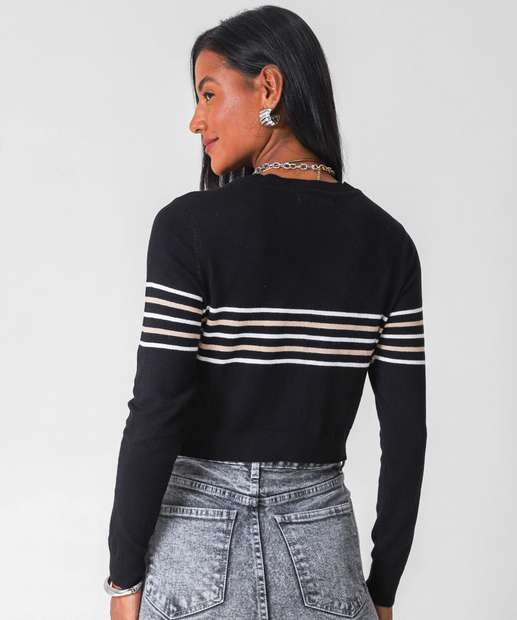 Cardigan Feminino Cropped Listrado Marisa Preto