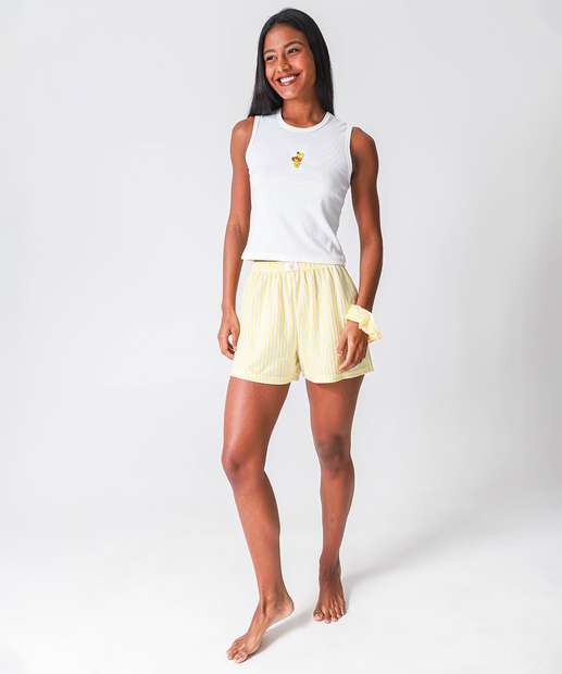 Pijama Feminino Canelado Stitch Off White