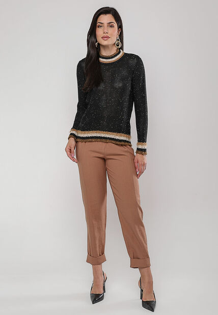 Blusa de Tricot com Fio Boton? Gola Listra Preto Salvatore