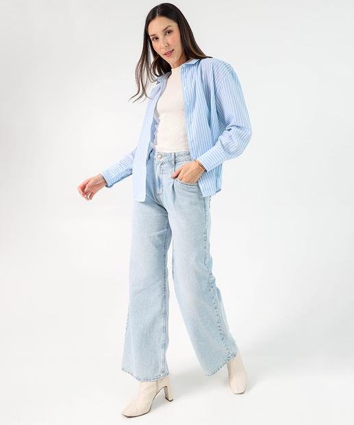 Camisa Feminina Listrada Manga Longa Marisa Azul