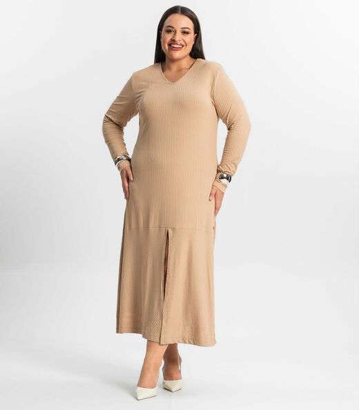 Vestido Midi Plus Size Manga Longa Secret Glam Marrom