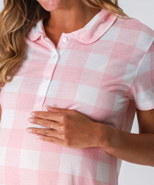 Camisola Gestante Polo Xadrez Marisa Rosa
