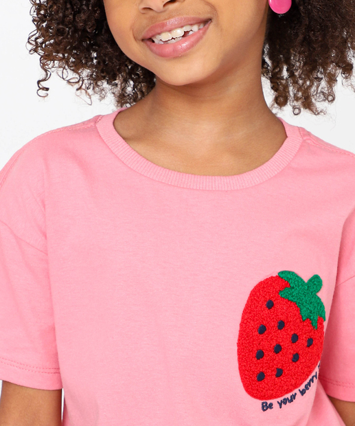Blusa Infantil Chenille Bordado Morango Marisa Tam 4 a 10 Rosa