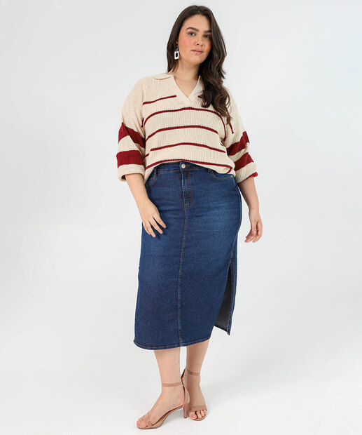  Blusa Plus Size Tricot Listrada com Gola Polo Marisa