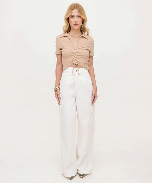 Calça Wide Leg Feminina Sarja Cargo 