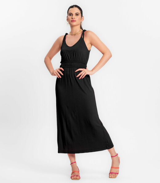 Vestido Midi Feminino Em Visco Maquinetada Endless Preto