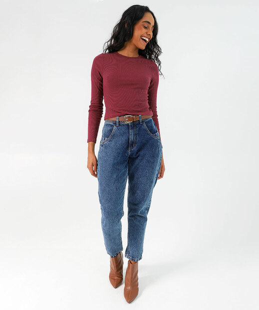 Blusa Cropped Feminina Canelada Manga Longa Marisa Vinho