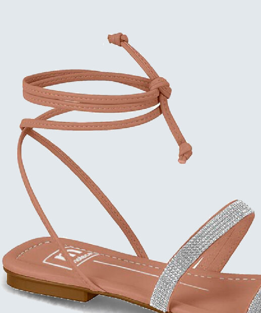 Sandália Feminina Rasteira Strass Amarração Moleca 