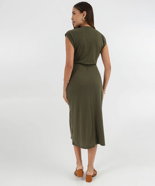 Vestido Feminino Canelado Amarração Fenda Marisa Verde