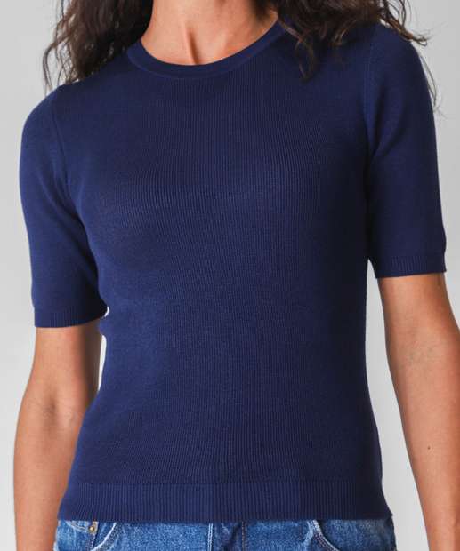 Blusa Feminina Canelada Manga Curta Marisa Azul