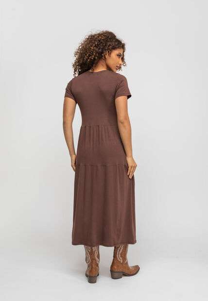 Vestido Midi Manga Curta Com Babado Marrom Salvatore