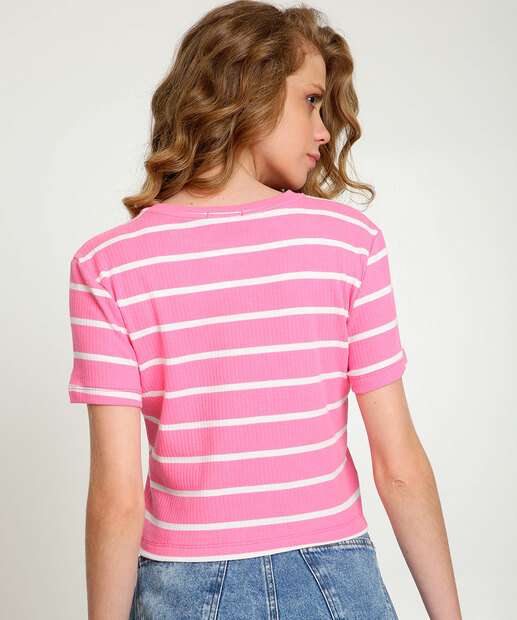 Blusa Feminina Canelada Listrada Manga Curta Marisa  