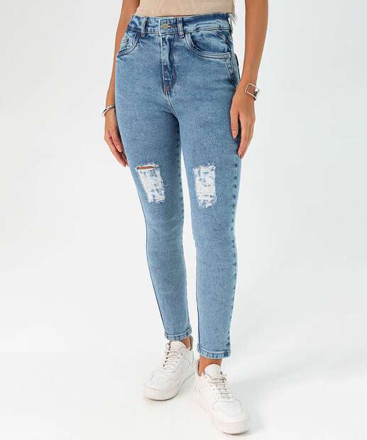 Calça Jeans Skinny Feminina Destroyed Azul