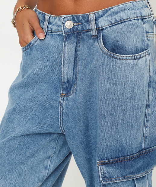 Calça Feminina Jeans Cargo Wide Leg Sawary Azul