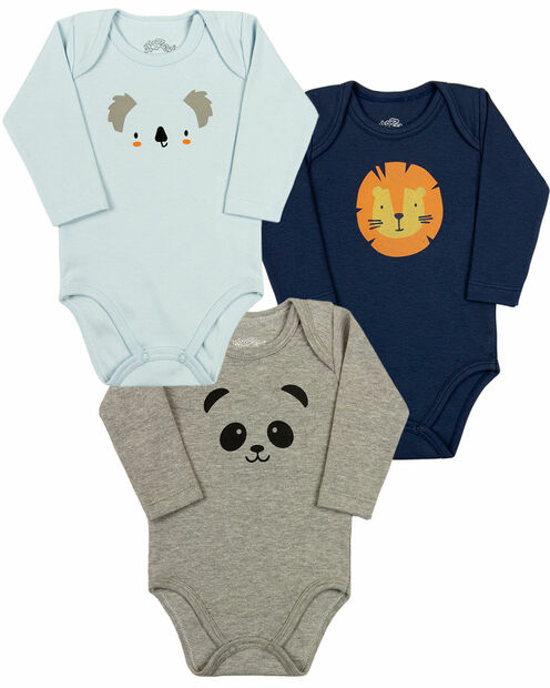Kit Body Bebê Menino Manga Longa Suedine Algodão Fio Egípcio Bichinhos - Azul
