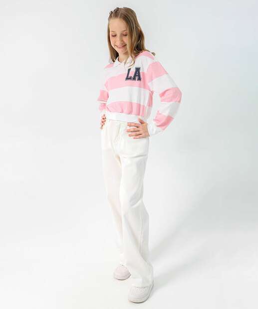 Blusa Juvenil Cropped Polo Listrada Marisa Tam 10 a 16 Off White