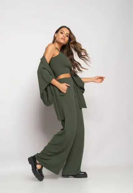 Conjunto Com Kimono, Cropped e Wide Leg Canelado Verde Salvatore