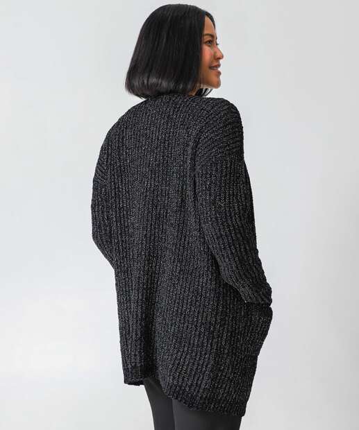 Cardigan Feminino Chenille Alongado Brilho Lurex Marisa Preto
