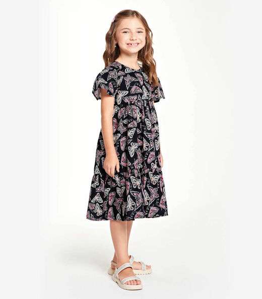 Vestido Midi Infantil Borboletas Trick Nick Preto