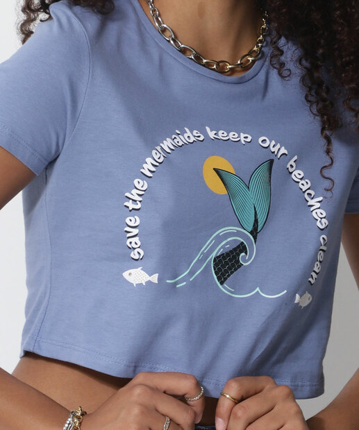 Blusa Cropped Feminina Estampa Sereia Manga Curta Marisa