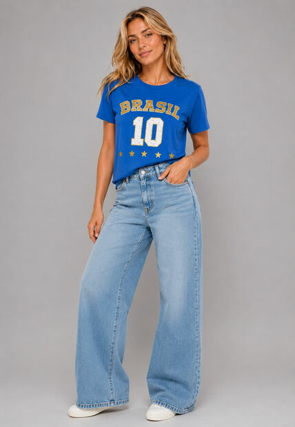 Blusa Brasil 10 Malha Comfy Manga Curta Azul Salvatore