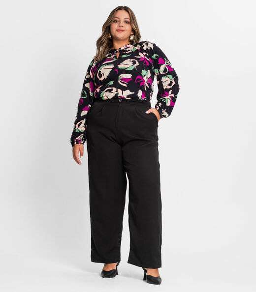 Blusa Estampada Manga Longa Plus Size Secret Glam Preto