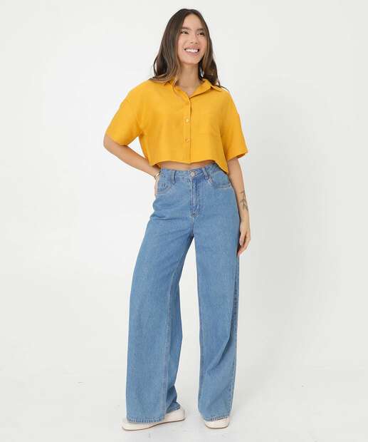 Camisa Feminina Cropped Textura Manga Curta Marisa