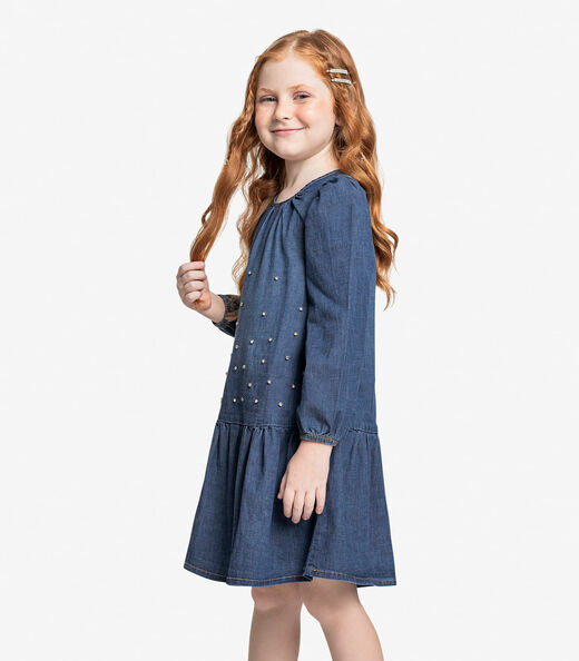Vestido Infantil Manga Longa Jeans Trick Nick Azul